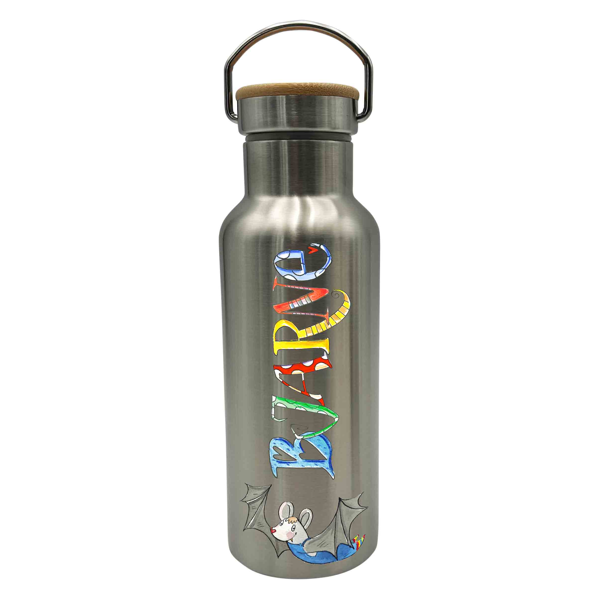Bambus Thermo Trinkflasche Waldtiere, Thermotrinkflasche silber