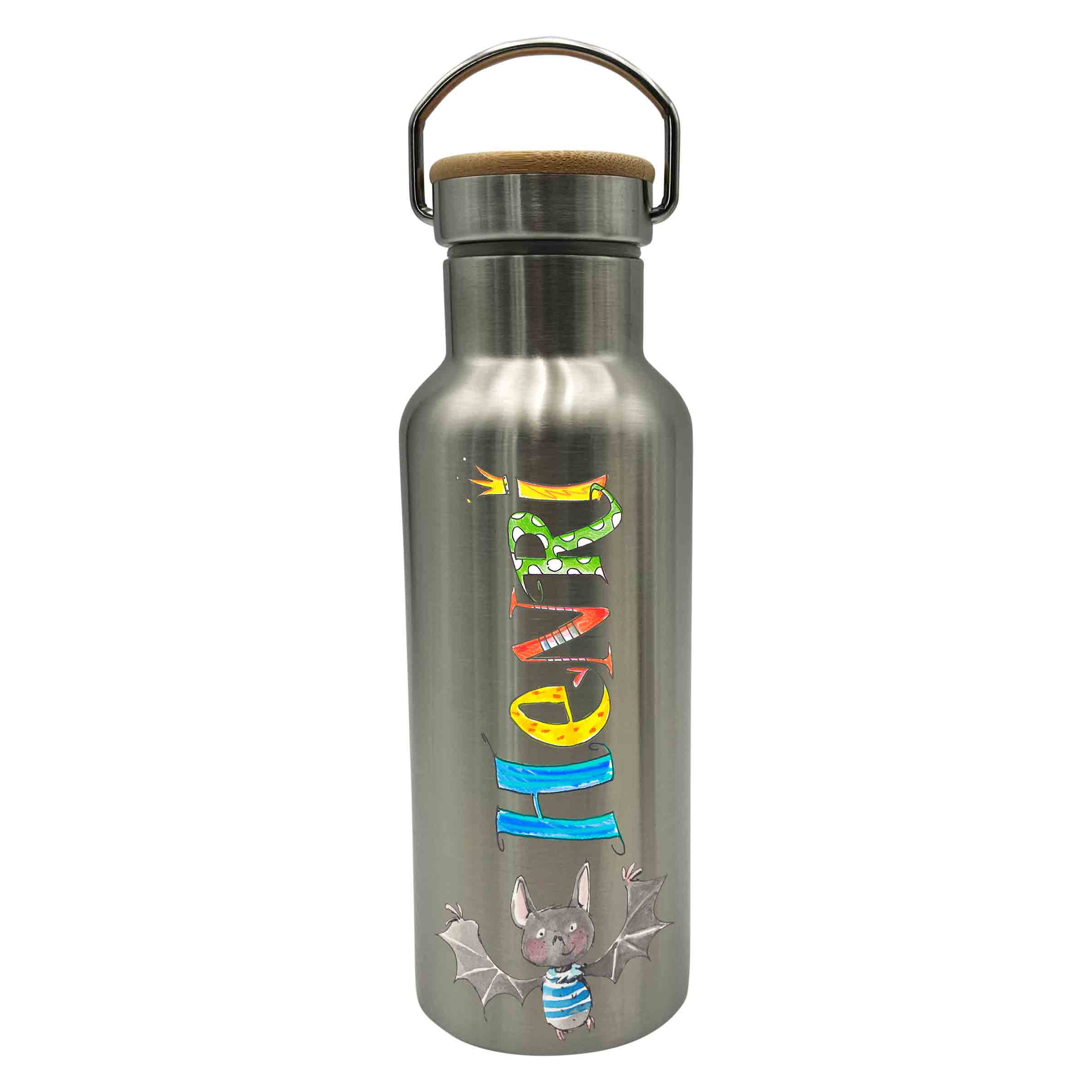 Bambus Thermo Trinkflasche Waldtiere, Thermotrinkflasche silber
