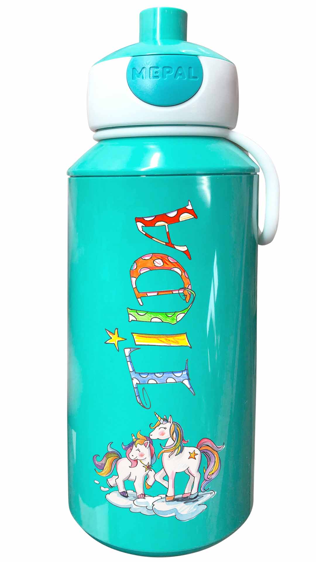 Trinkflasche Popup, 2 Einhörner weiß