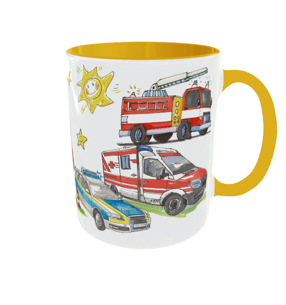 Tasse Feuerwehrauto Polizei und Rotes Kreuz Auto, Keramik, Tasse mit Namen, RosiRosinchen