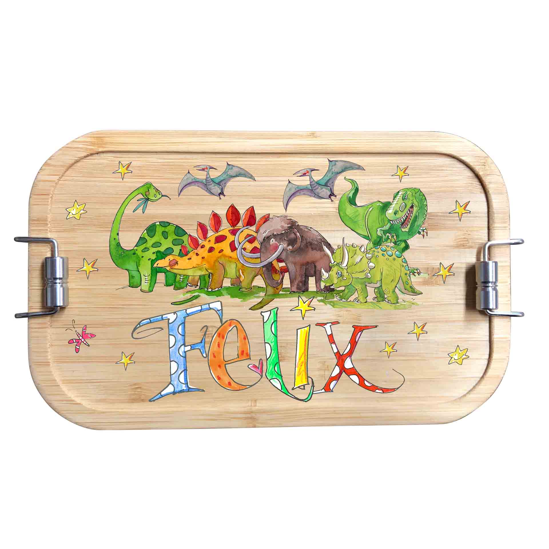 Bambus Brotdose - Dino 6, Stegosaurus, Brontosaurus, TRex, Flugsaurier, Triceratops, Mammut