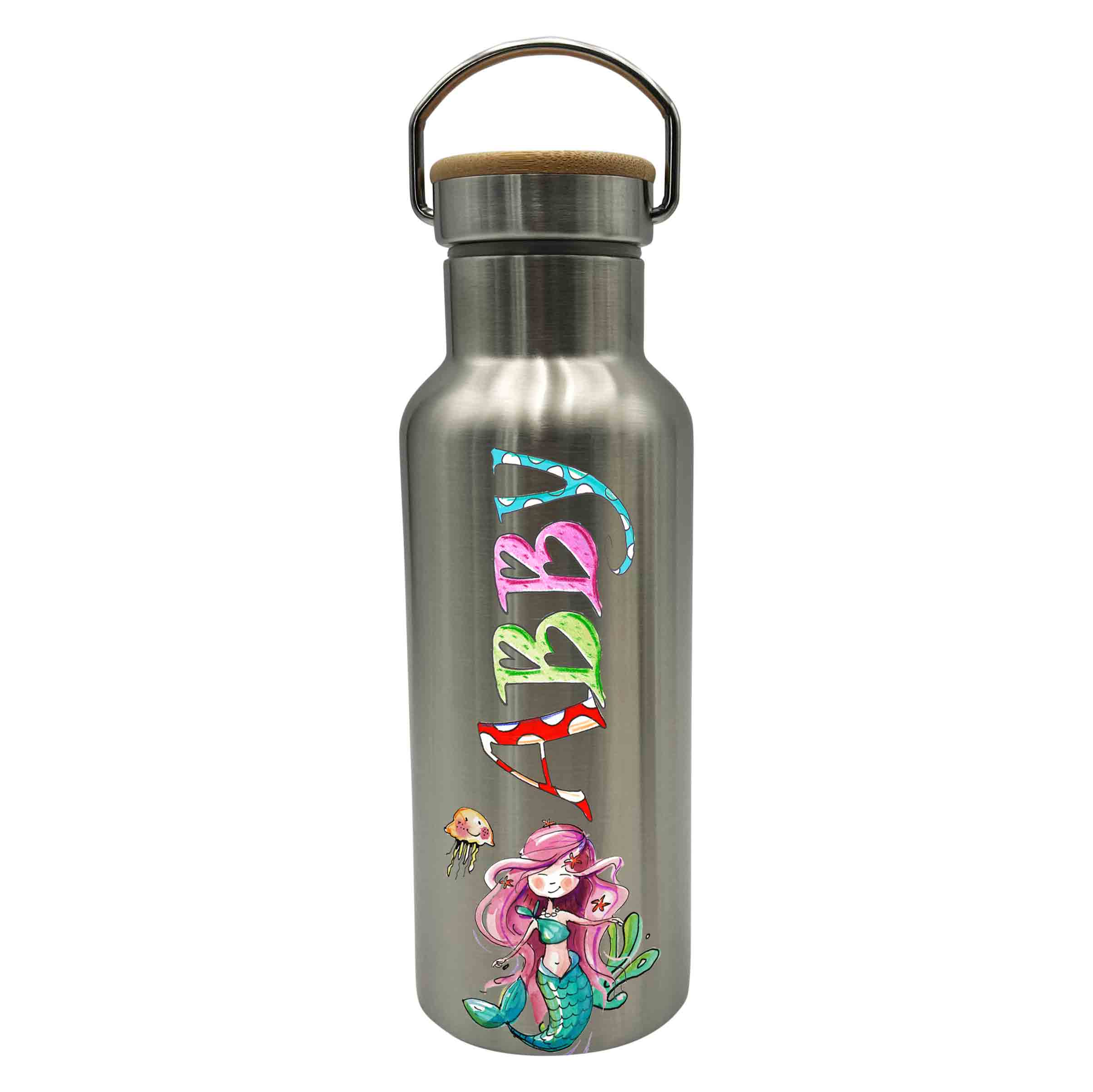 Bambus Thermo Trinkflasche Meerjungfrau, silber