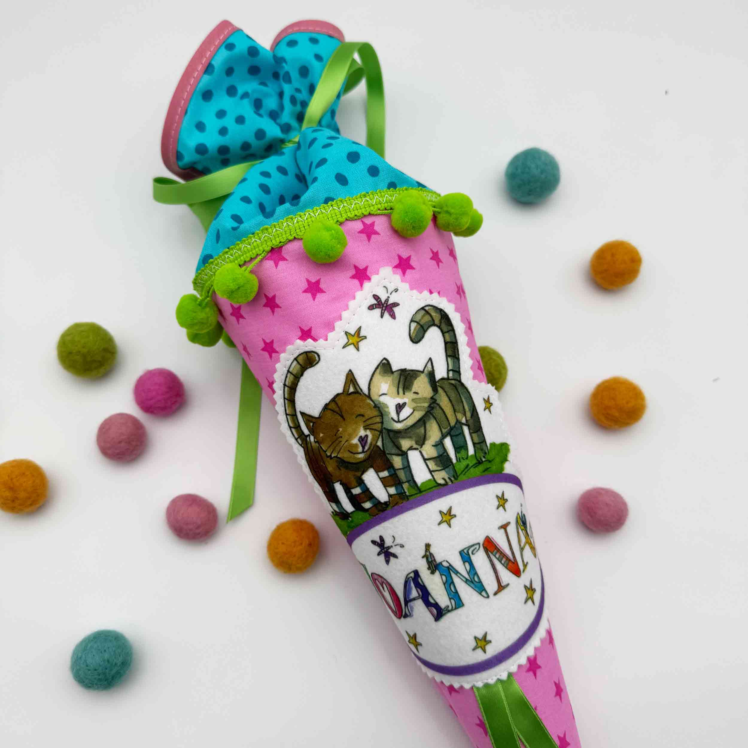 Kindergartentüte Katzen cyan rosa