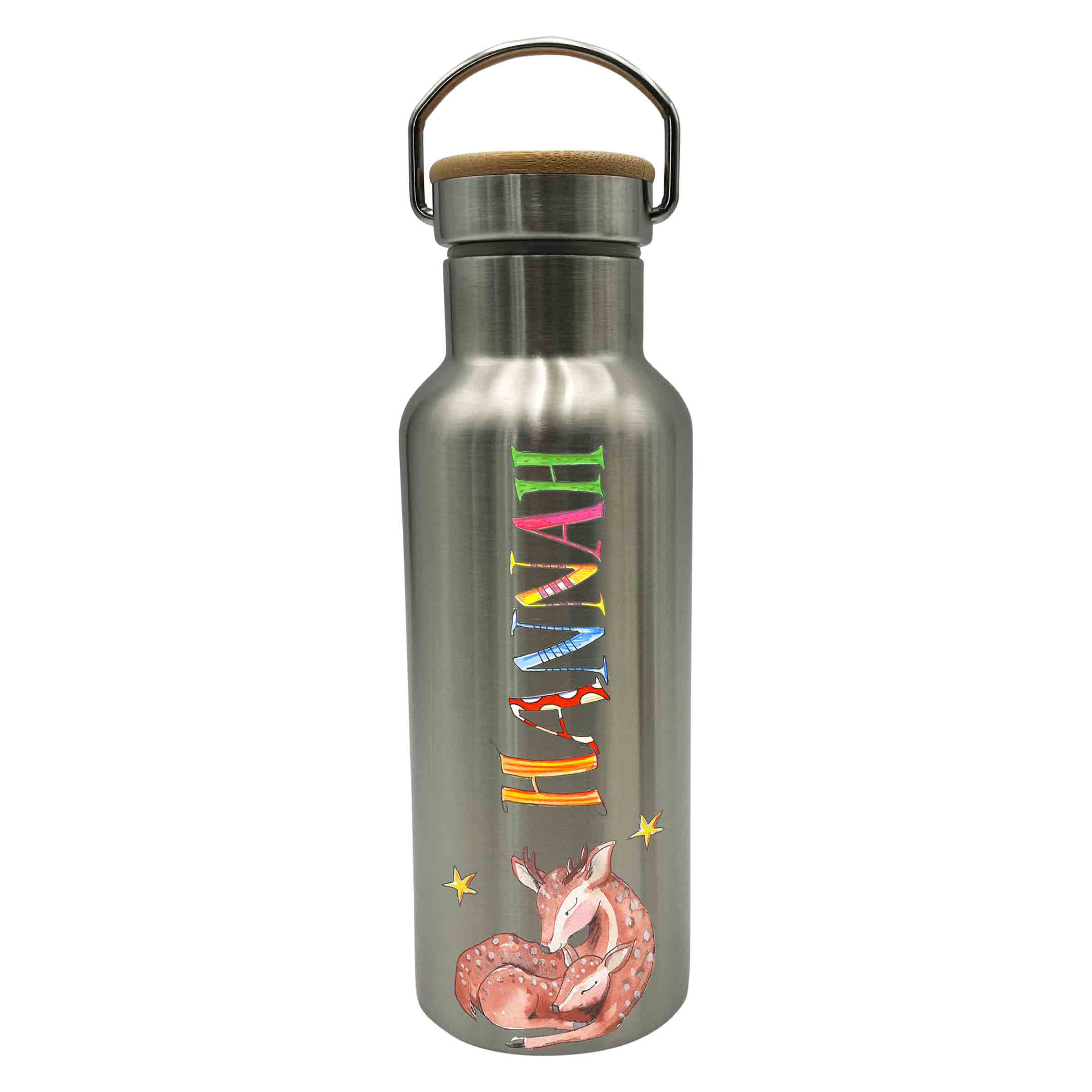 Bambus Thermo Trinkflasche Waldtiere, Thermotrinkflasche silber