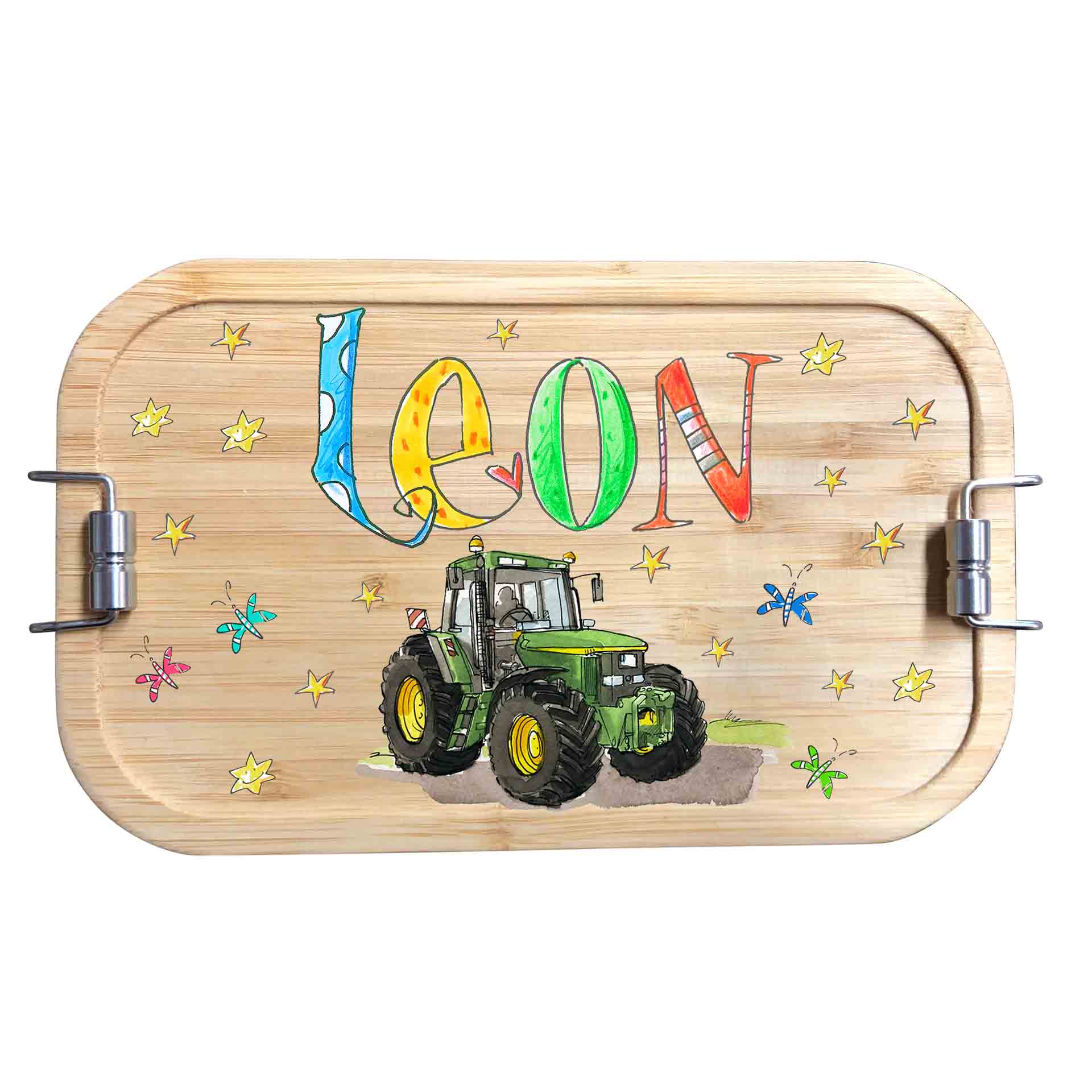 Brotdose Edelstahl Trecker grün, Bambusdeckel