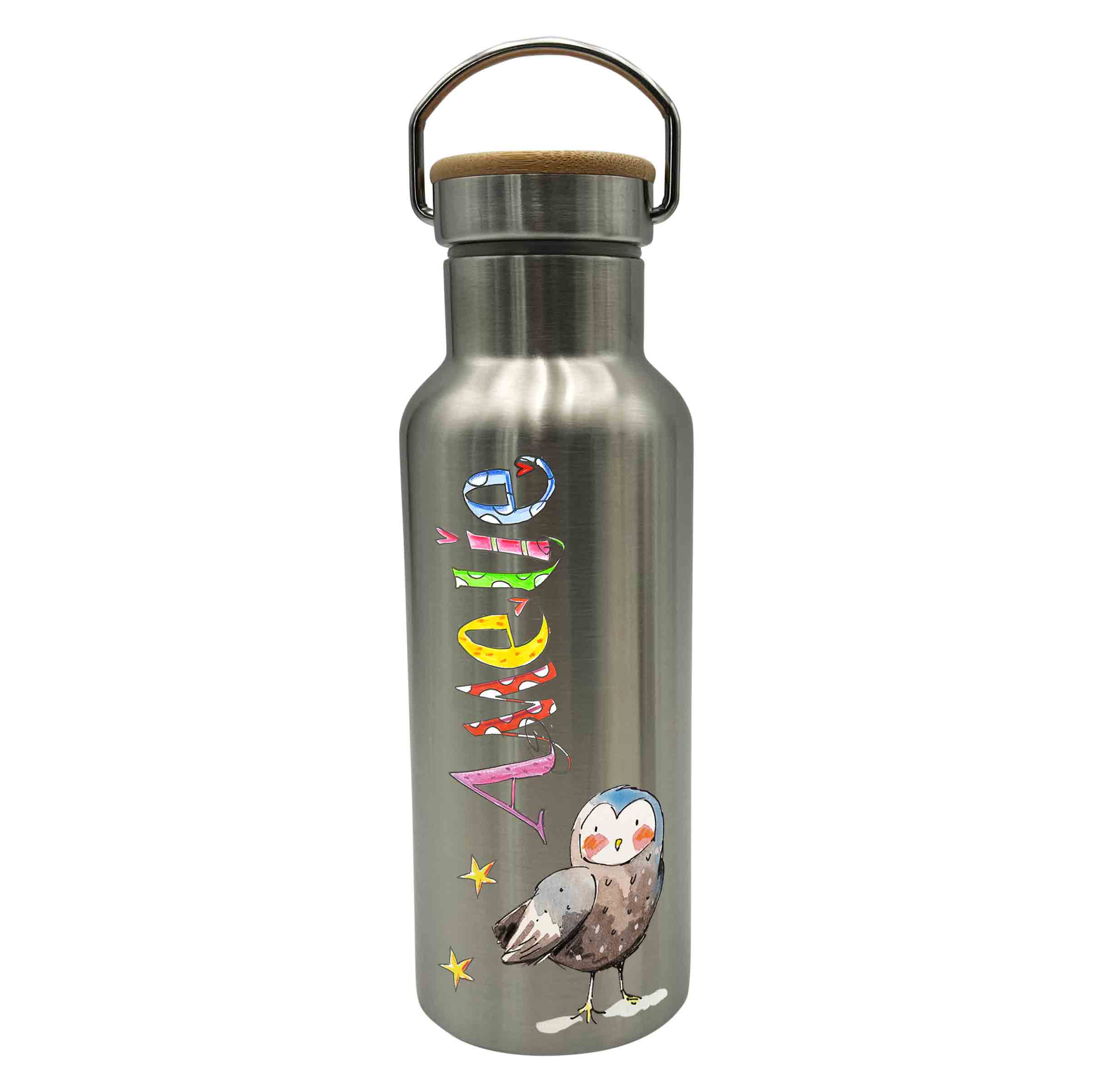 Bambus Thermo Trinkflasche Waldtiere, Thermotrinkflasche silber