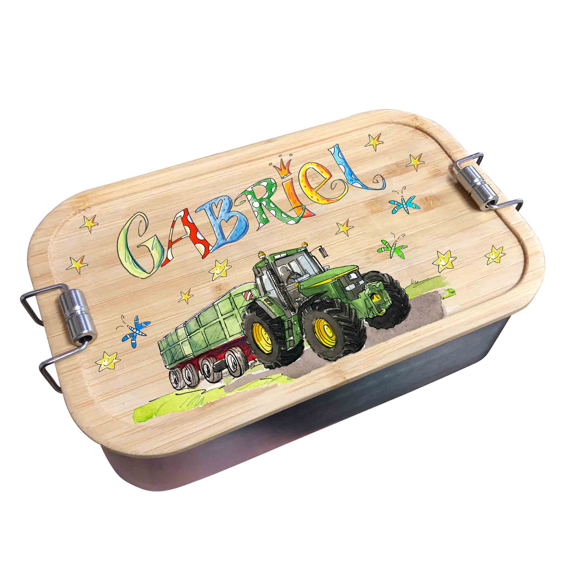 Bambus Brotdose - Trecker grün mit Anhänger