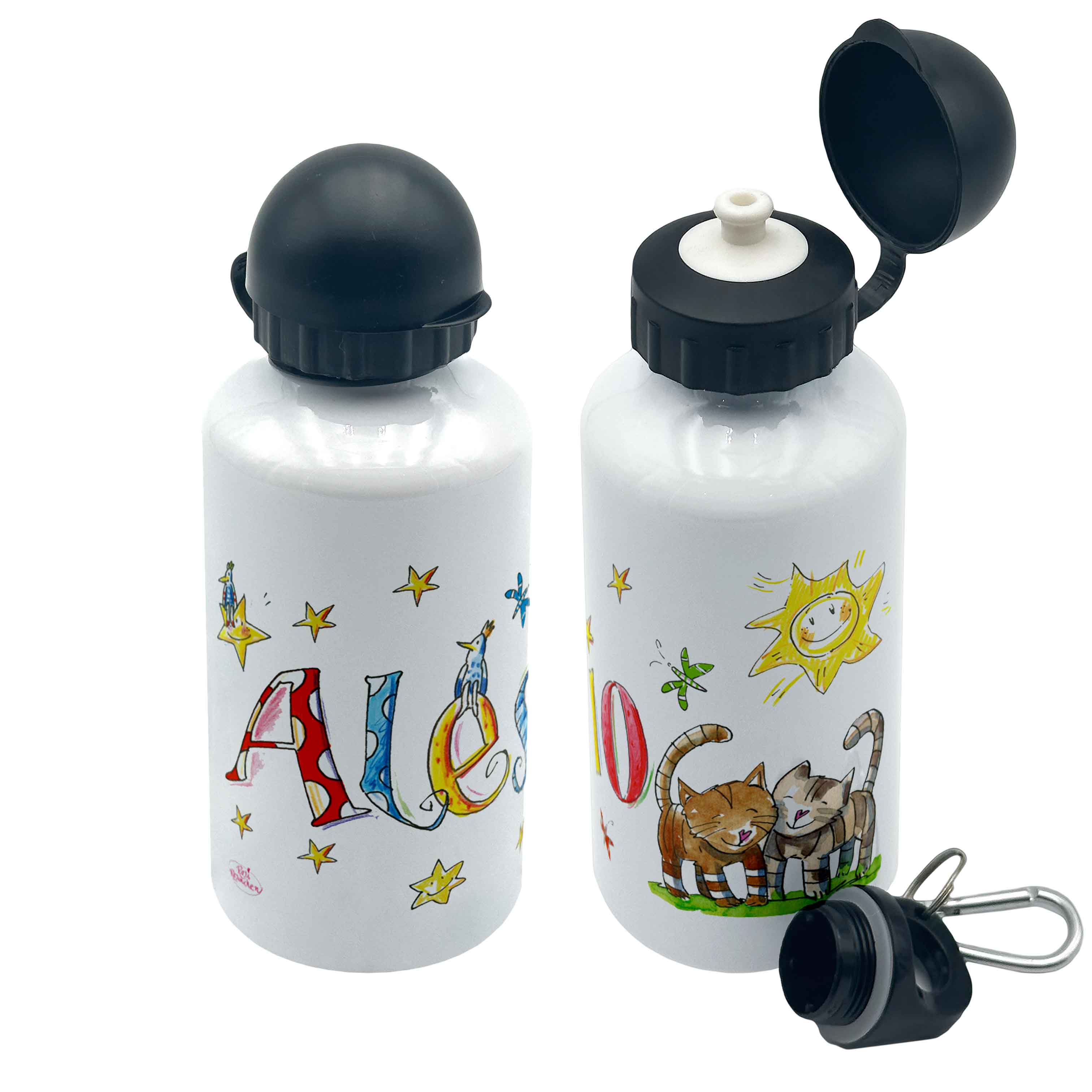 Trinkflasche Katzen Aluminium, personalisierte Trinkflasche Kinder