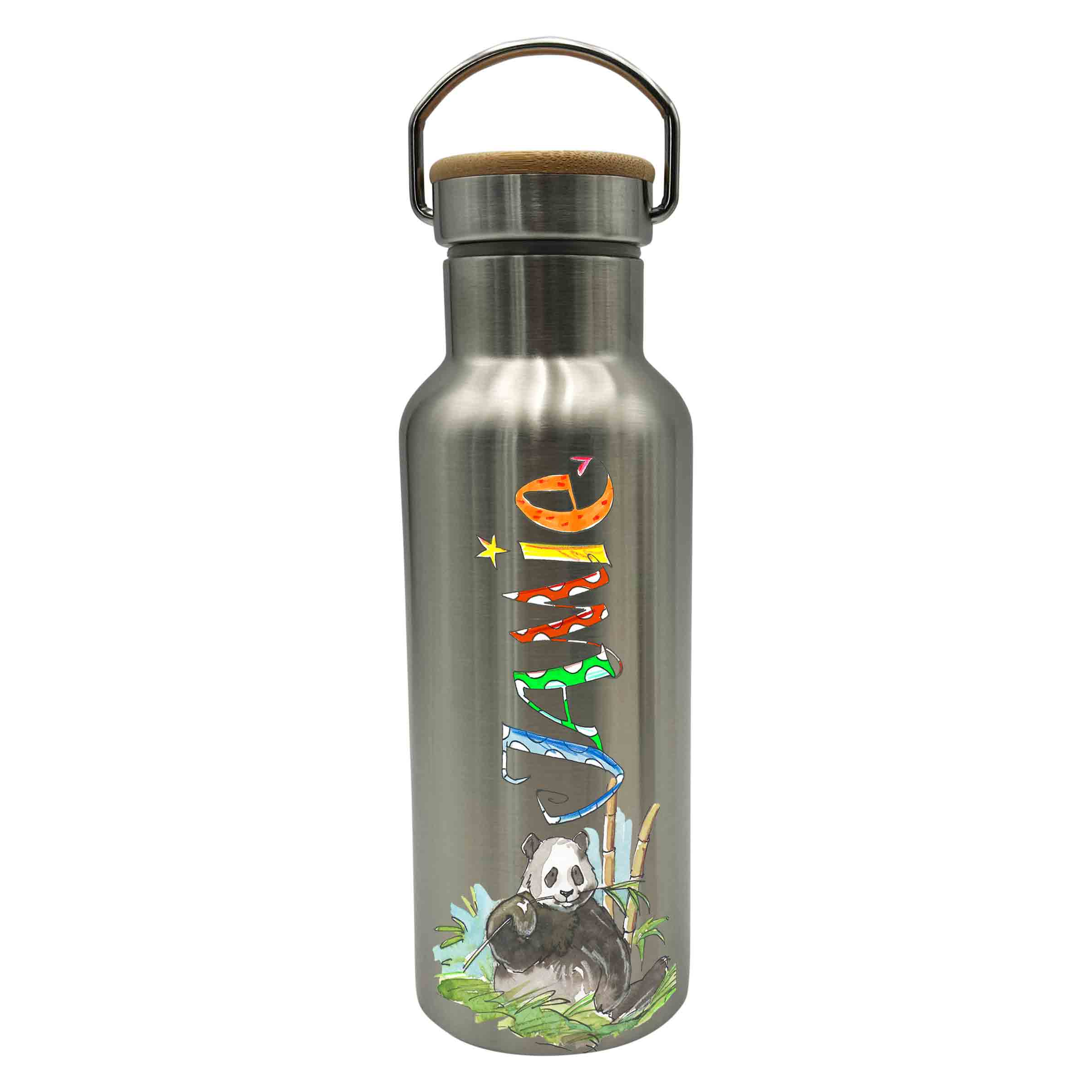 Bambus Thermo Trinkflasche Waldtiere, Thermotrinkflasche silber