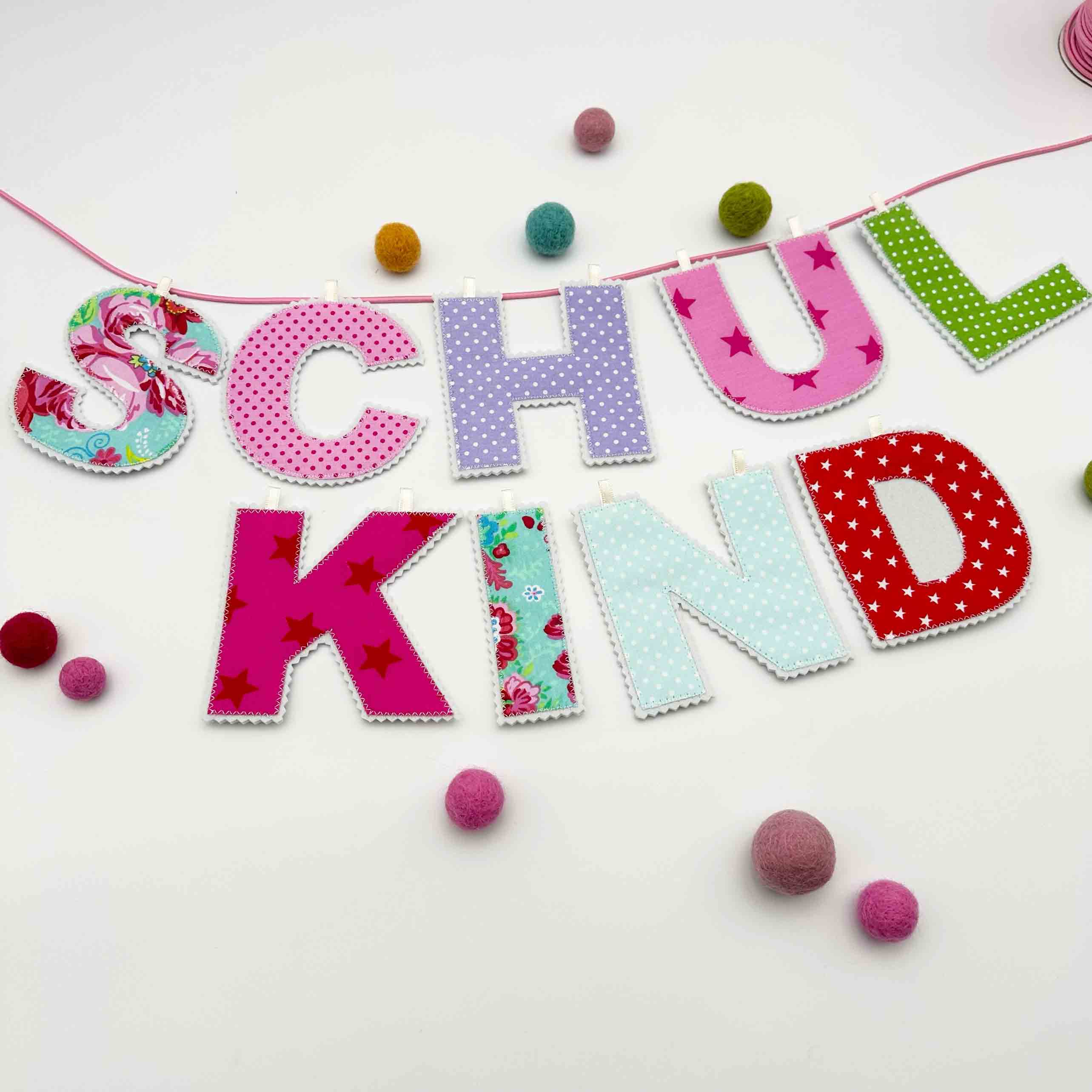 Girlande Schulkind, Stoff pink mint Blumen