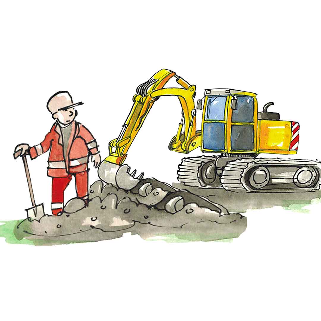 Bagger mit Bauarbeiter