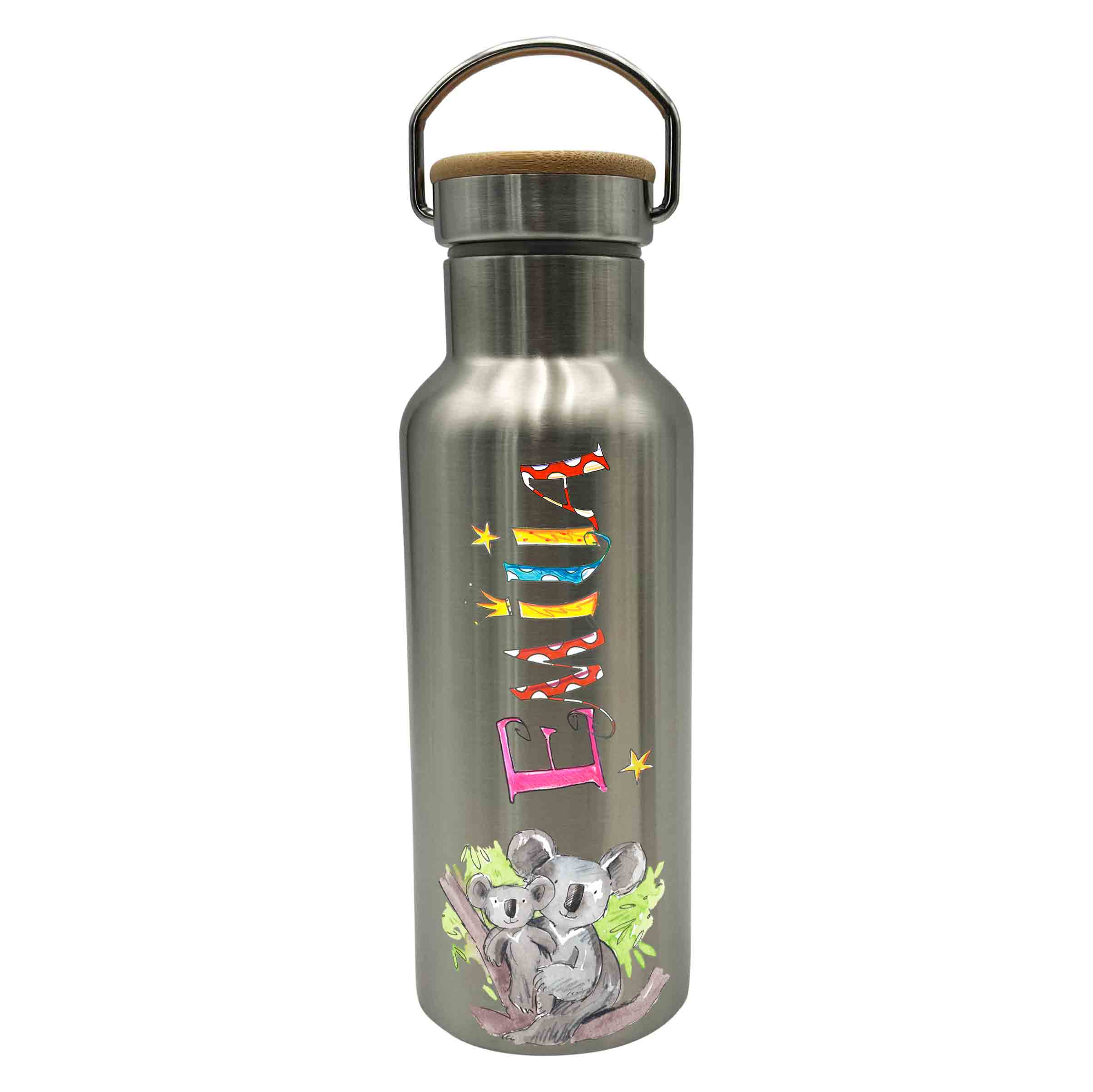 Bambus Thermo Trinkflasche Waldtiere, Thermotrinkflasche silber