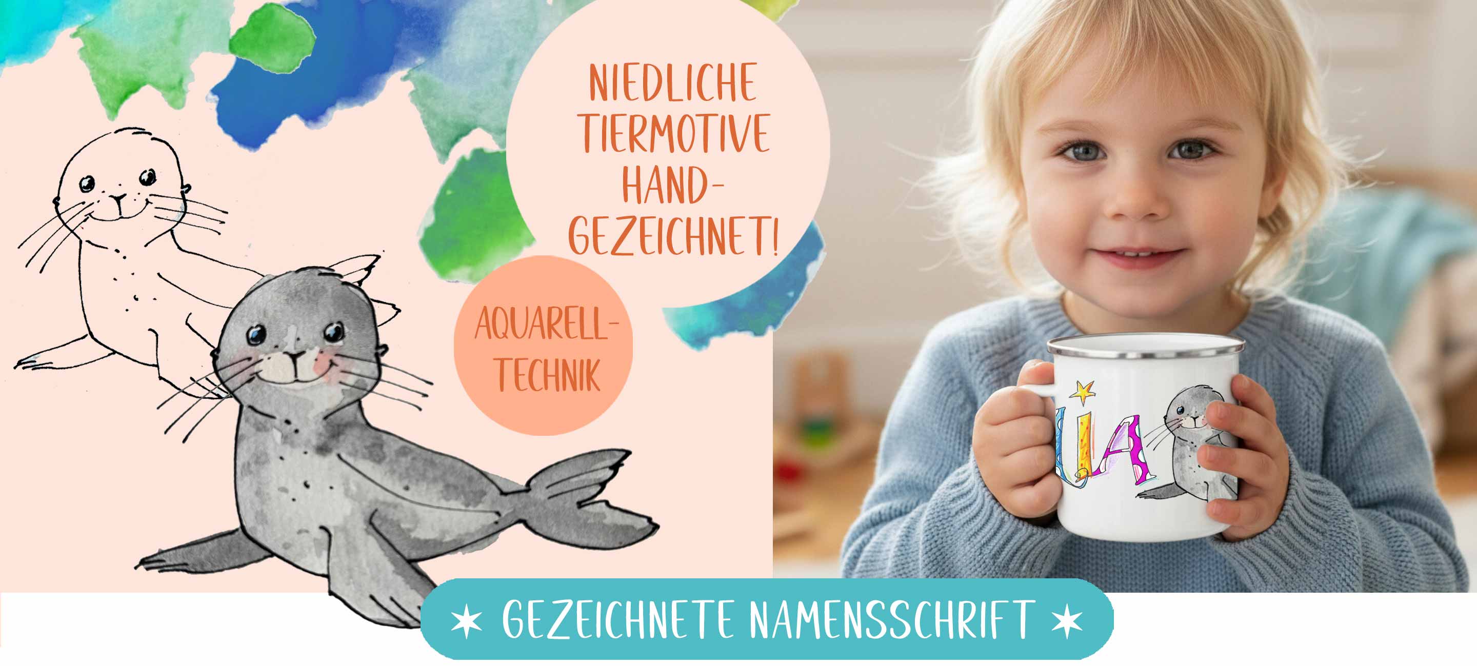 Geschenke mit Namen für Kinder, handgezeichnete Schrift und handgezeichtete Illustrationen. Geschneke mit Namen und Wunschmotiv
